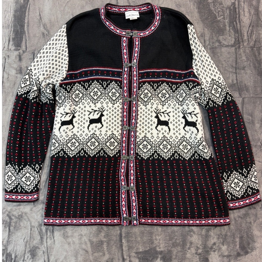 Croft & Barrow Vintage Cardigan Sweater Womens Black Nordic Reindeer Clasp Large